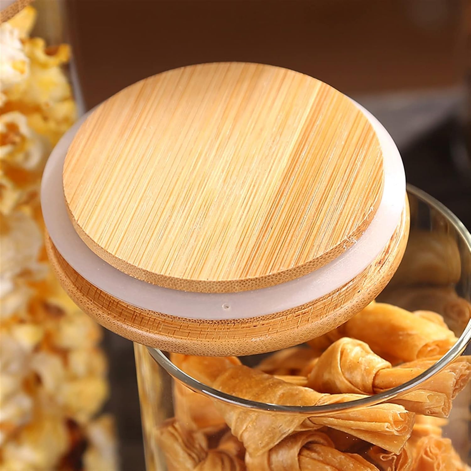 Clear Spice Snack Jar with Wooden Lid & Spoon , Airtight Kitchen Storage Containers