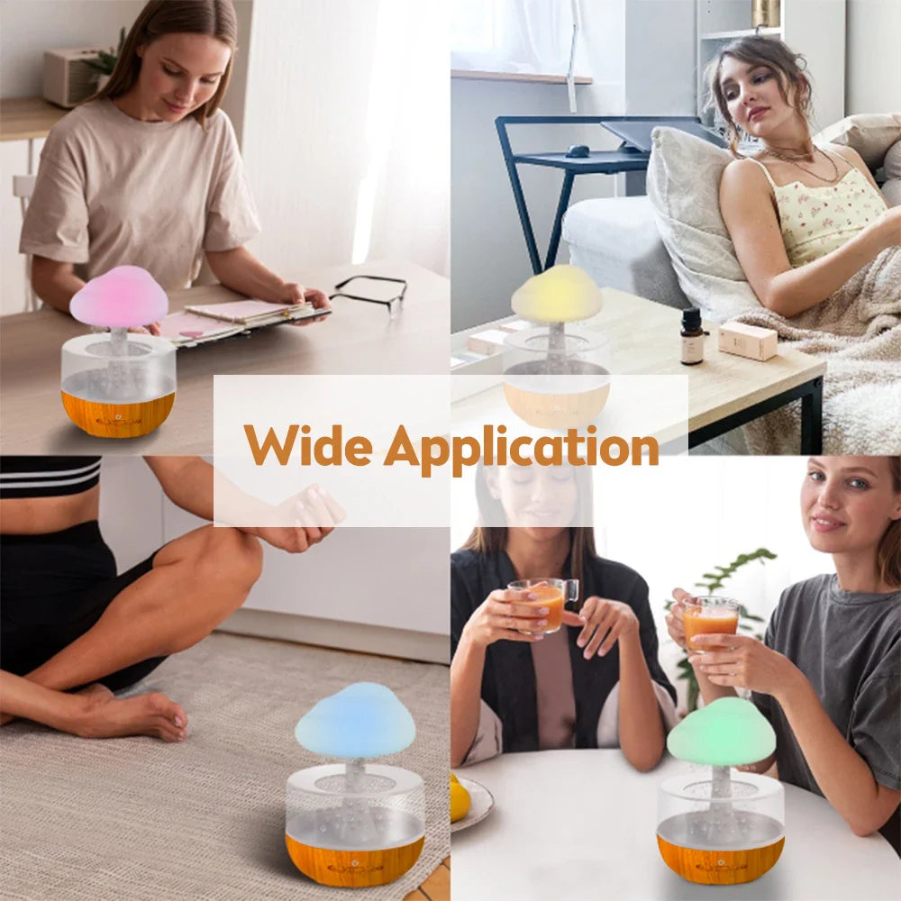 Collage of a woman using a Cloud Rain Humidifier in various settings with text 'Wide Application'.