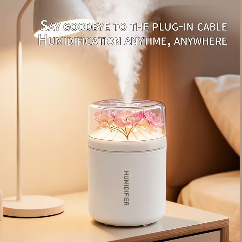 Humidifier emitting mist on a nightstand with text about plug-in cableless humidification.