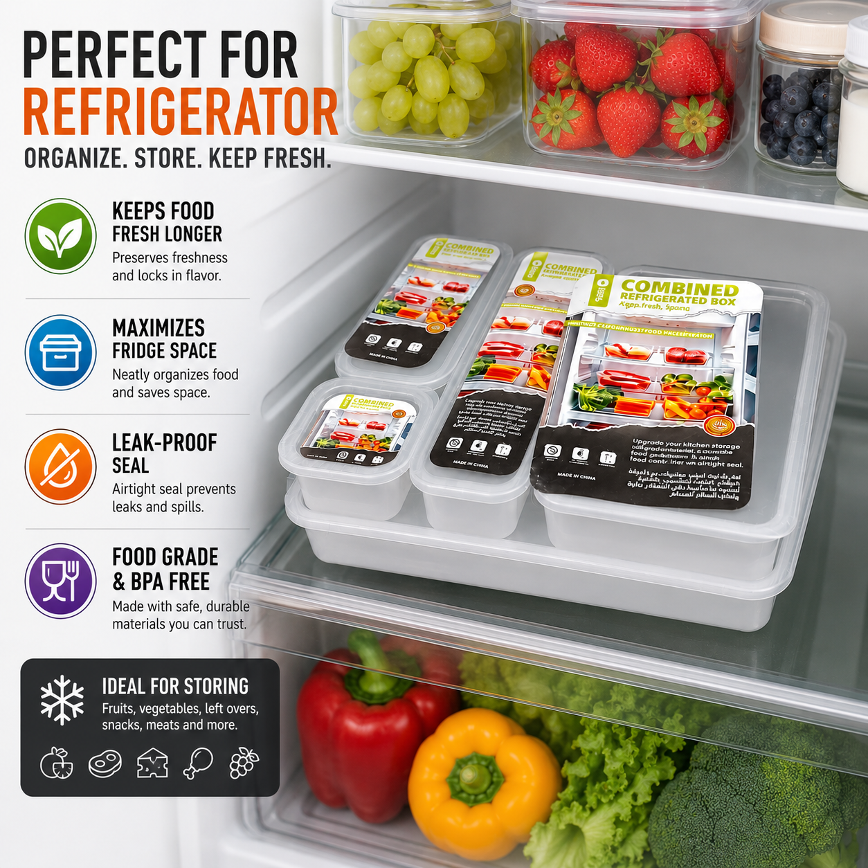 Combined Refrigerated Food Storage Box Set Placed on a Fridge with text highlighting features