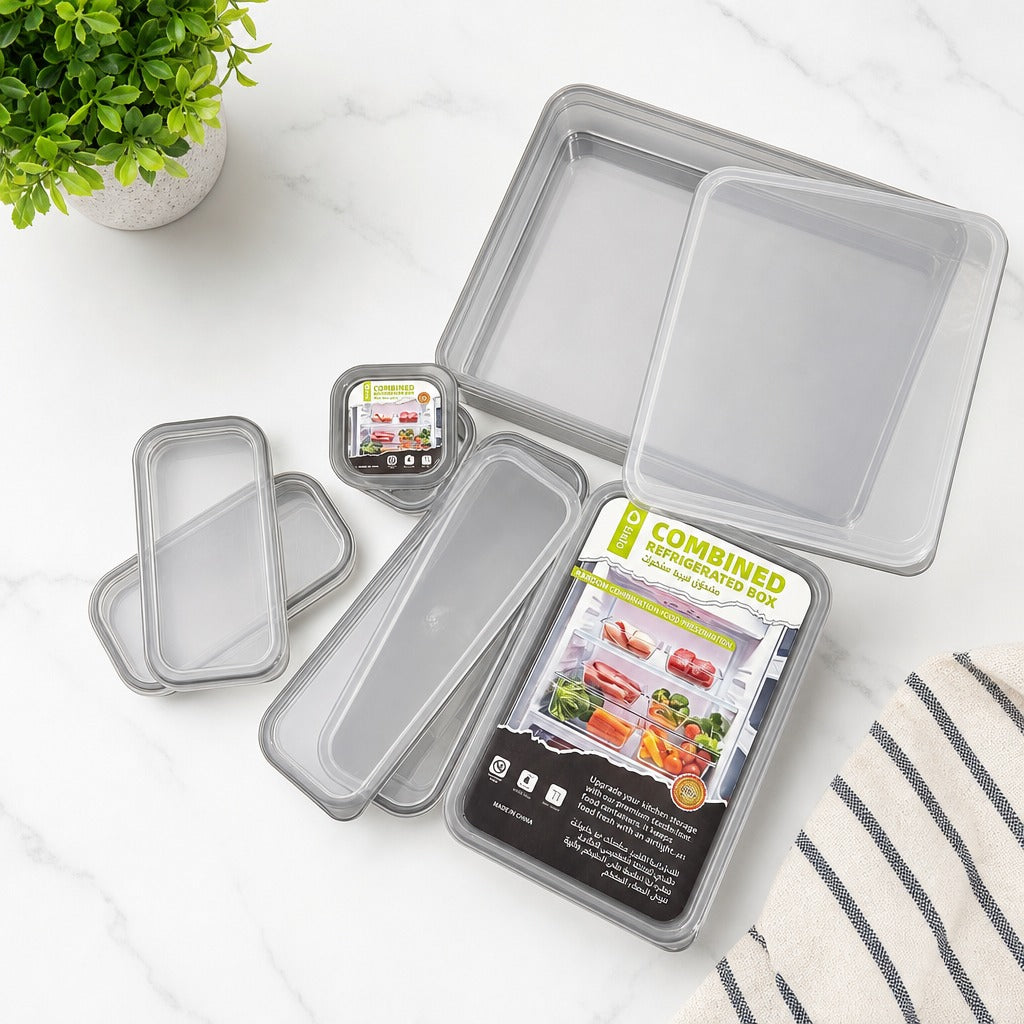 Combined Refrigerated Food Storage Box Set with a label on a white surface.