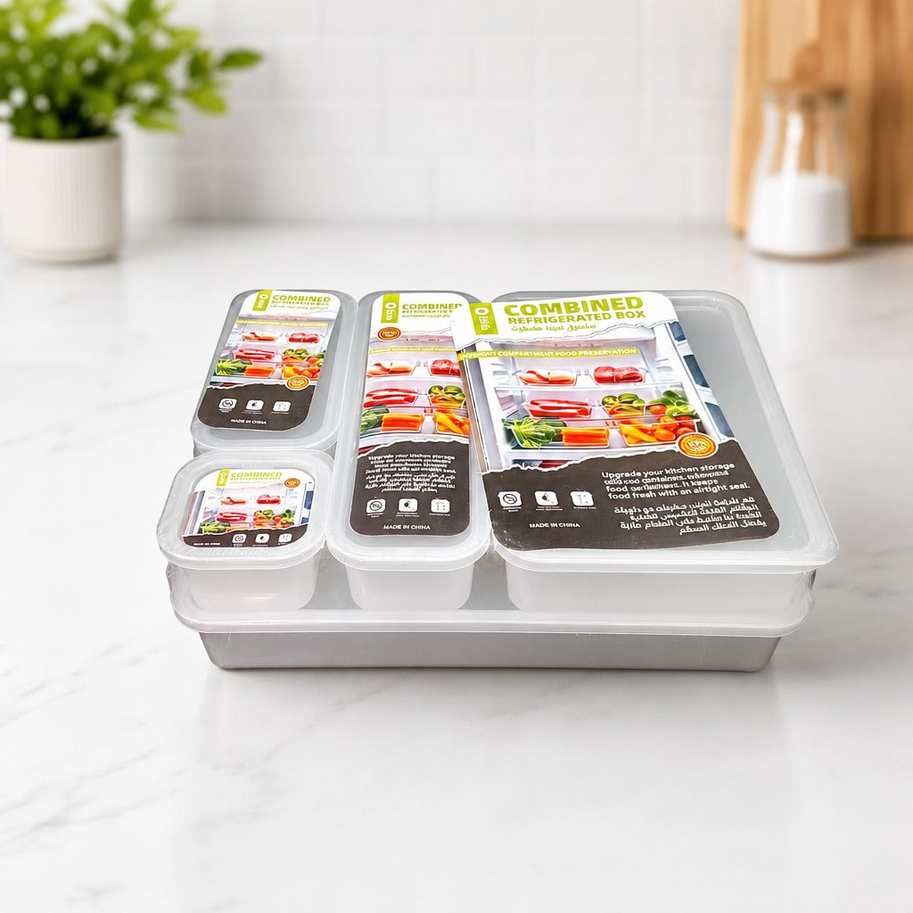 Combined Refrigerated Food Storage Box Set with labels on a kitchen counter