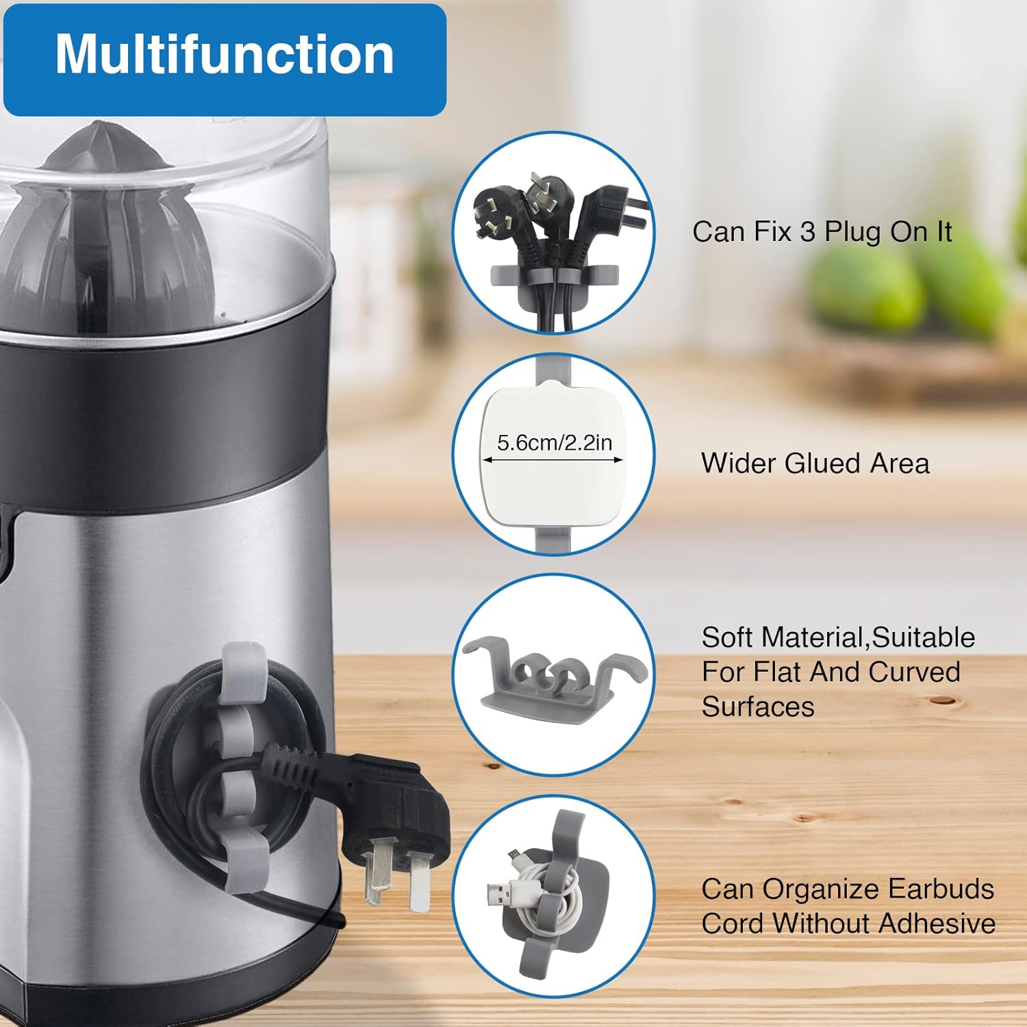 Cord Holder Clips attached on a juicer with features highlighted on a wooden surface