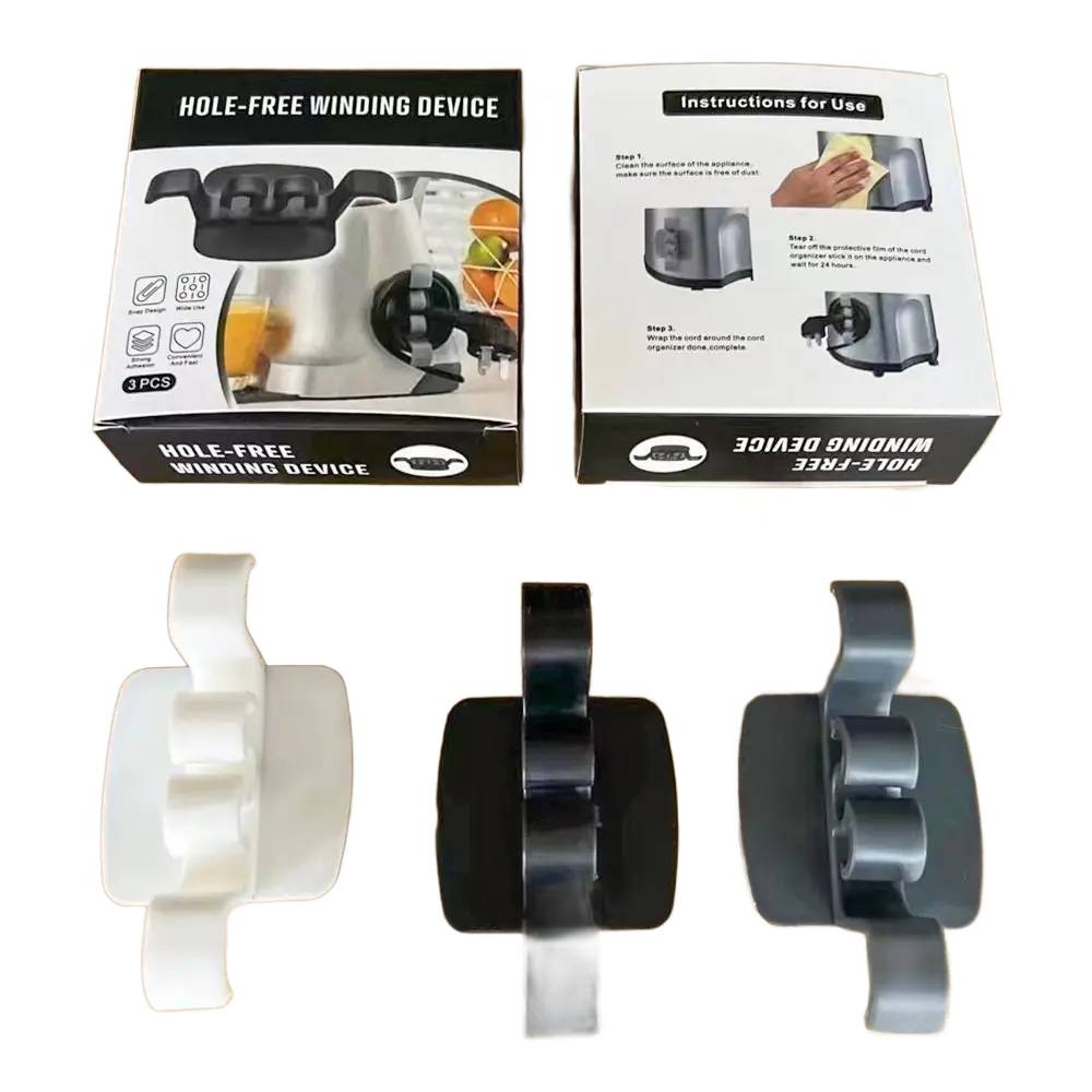 Hole-free winding device packaging with instructions and three different Cord Holder Clips displayed below.