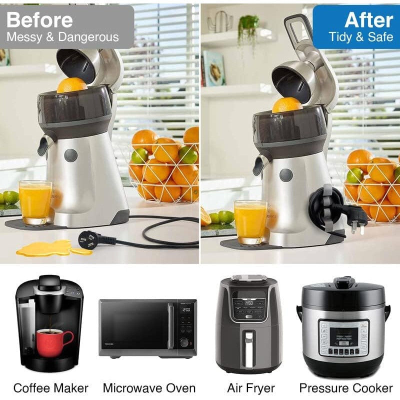 Before and after comparison of a Cord Holder Clips on appliances and a juicer.