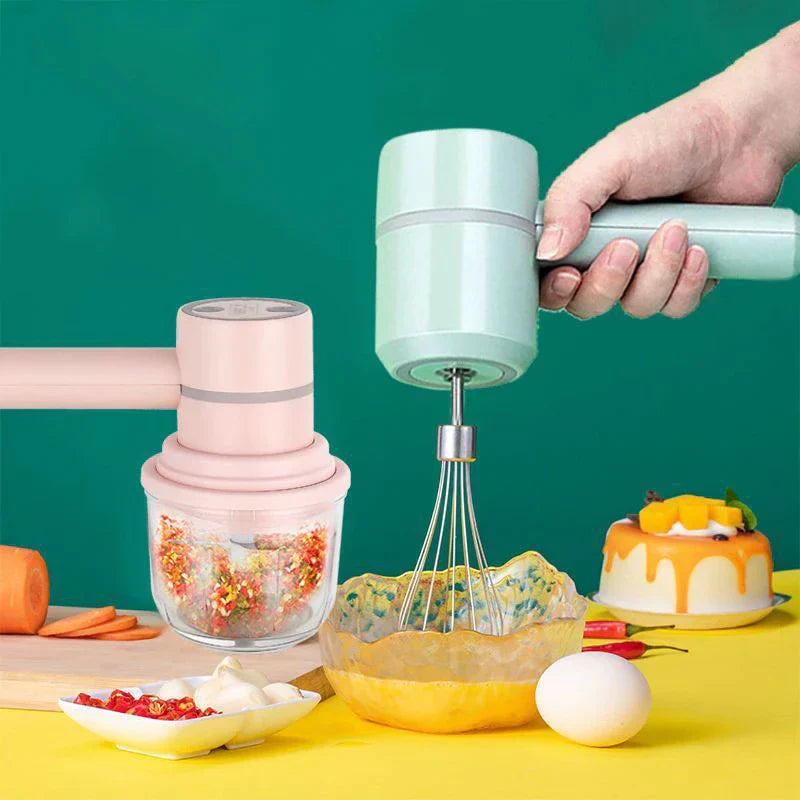 3in1 Wireless USB Garlic Chopper Egg Beater 3-Speed Control Waterproof with 2 Mixing Rods