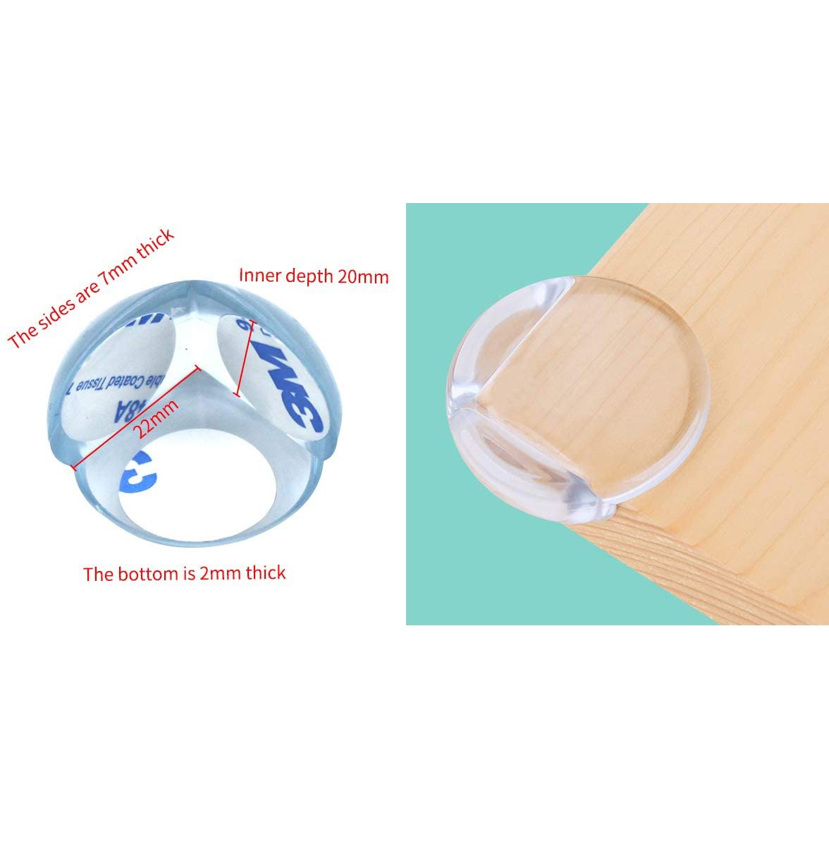 Corner Protectors for Kids is fixed on the corner of the table with measurements on a white background