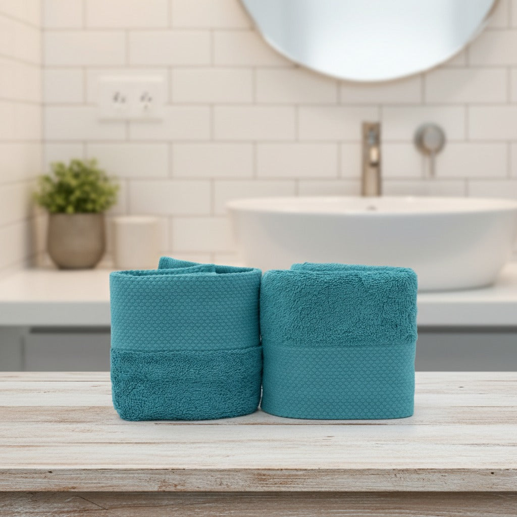Two Cotton Bath & Face Towel Set on a wooden surface with a bathroom in the background