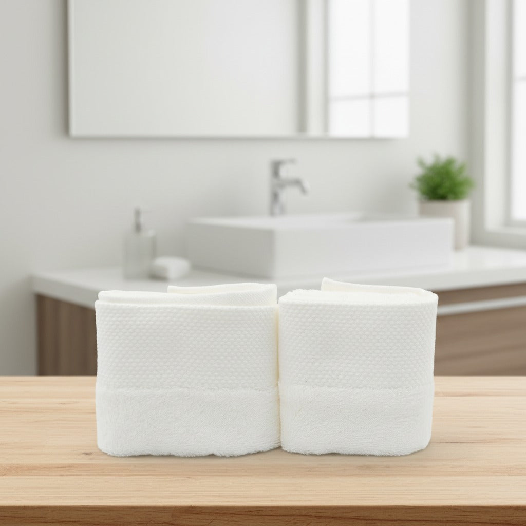 Two white Cotton Bath & Face Towel Set on a wooden surface with a blurred bathroom background
