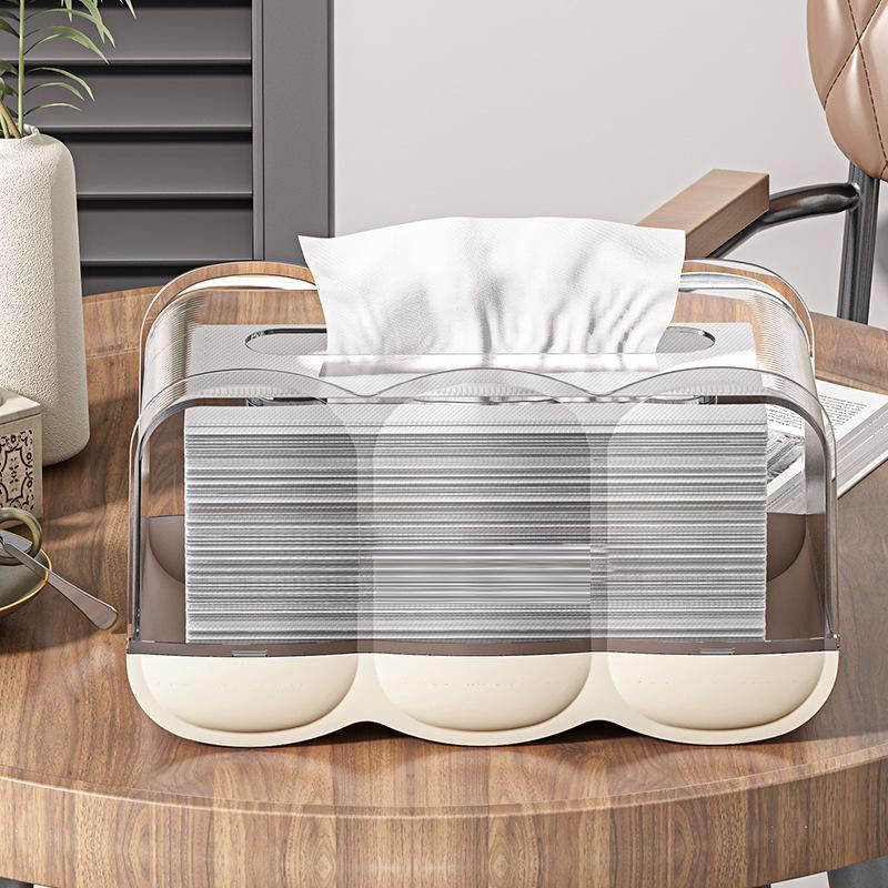 Transparent cream Wavy tissue box placed on a table,with one tissue pulled up