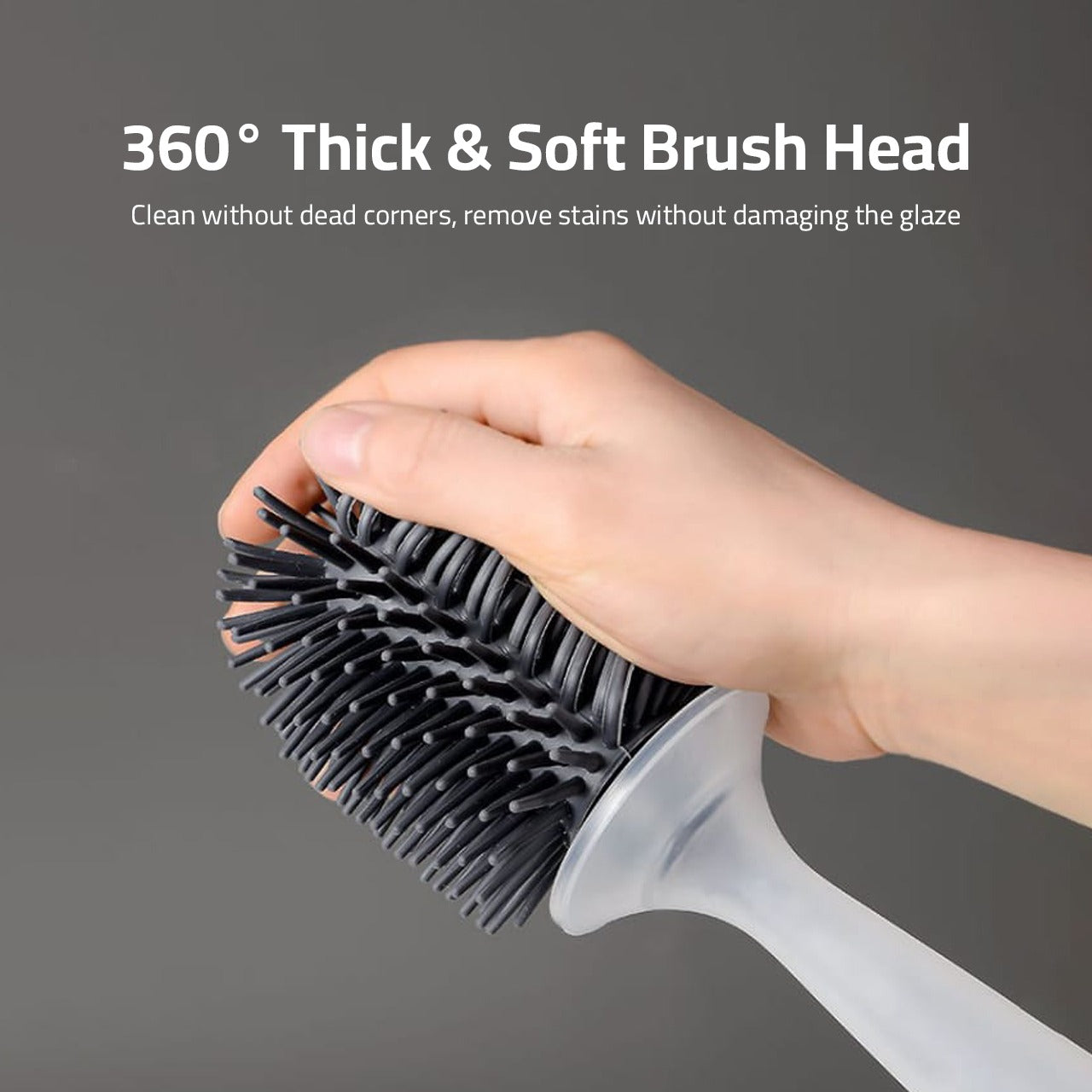A Person Touches Brush Portion Of Refillable Toilet Cleaning Brush.