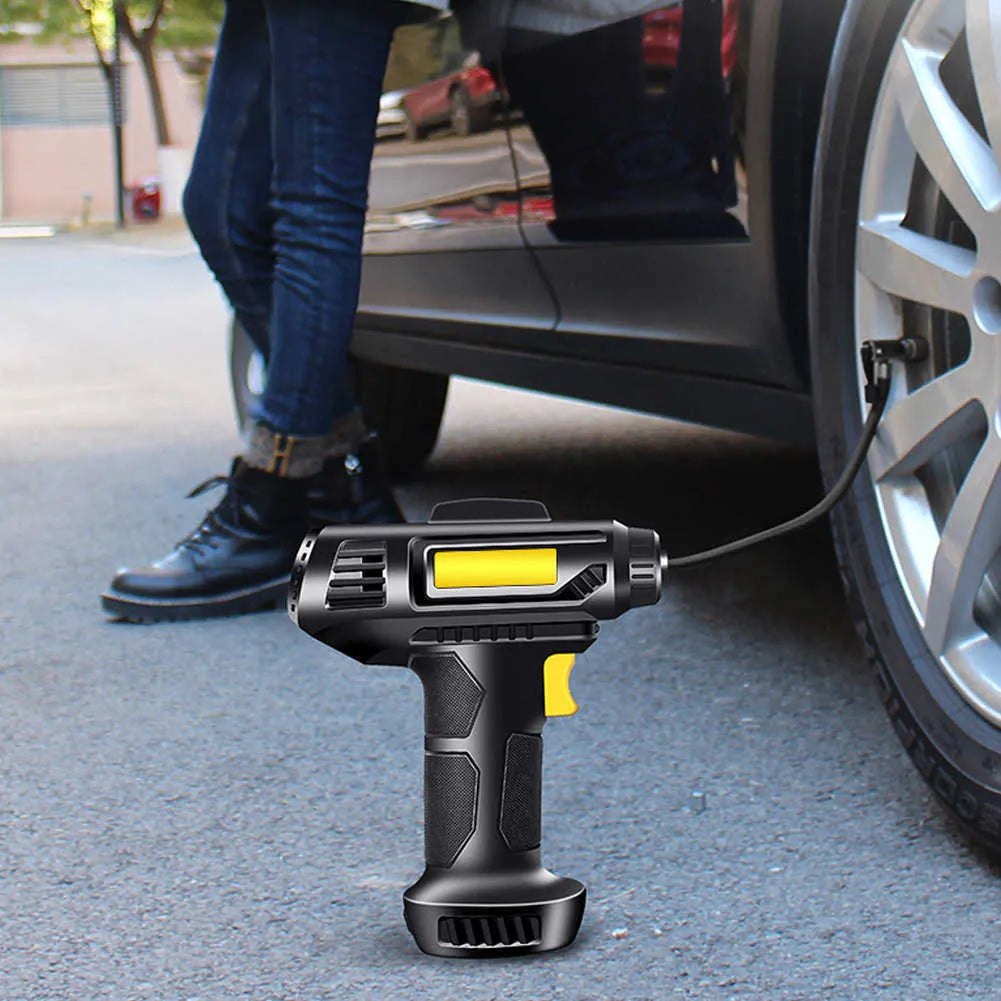 A  Digital Air Compressor Pump is Connected to Tire.