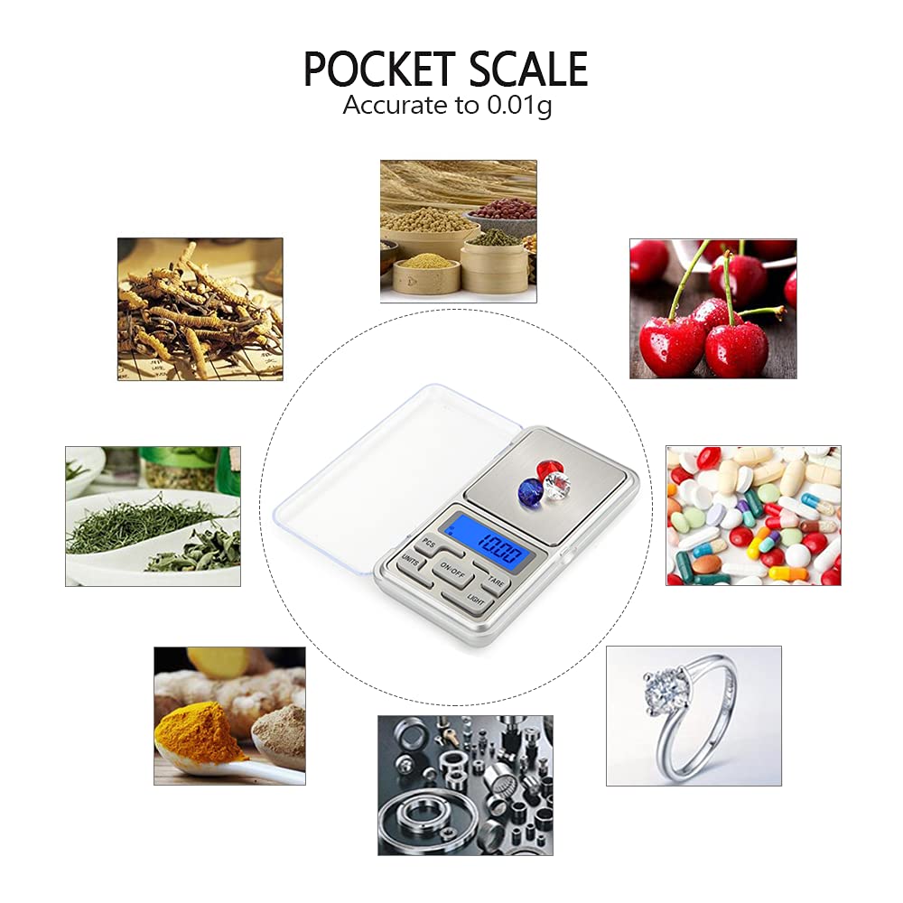 A Digital Pocket Scale surrounded by different items that can be weighed.