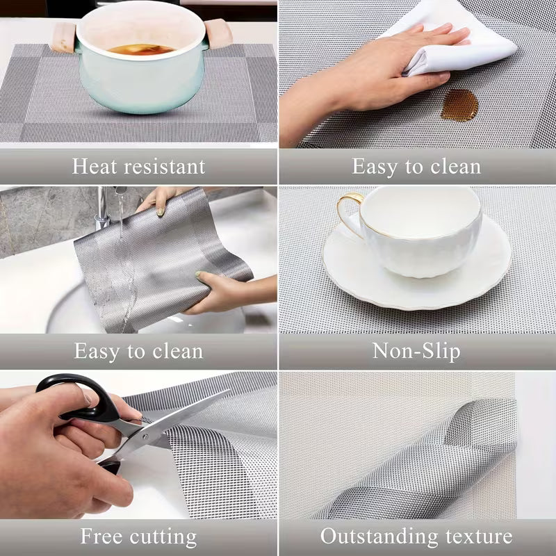 Collage of a heat-resistant Dining Table Placemats being used, cut with scissors, and displayed with text on its properties.