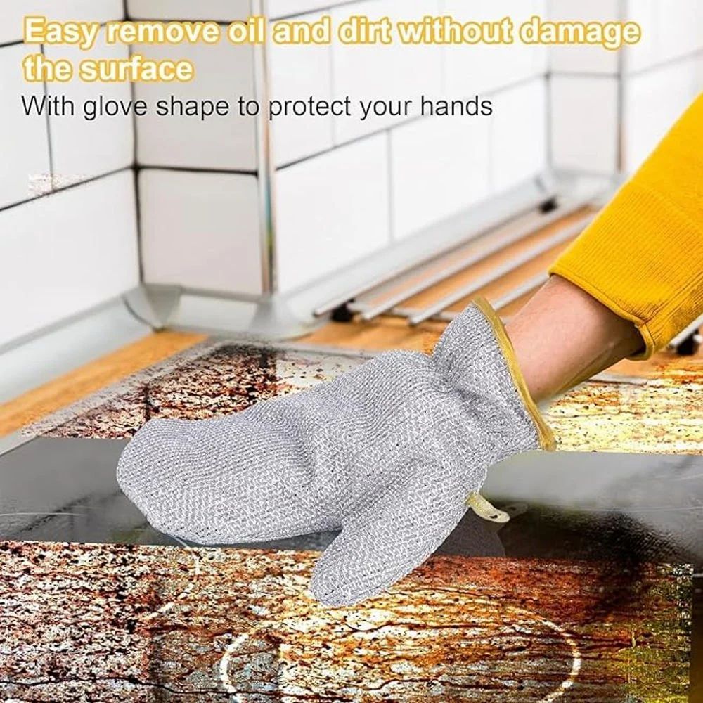 A Person is Cleaning Countertop Using Dishwashing Kitchen Cleaning Wire Gloves.