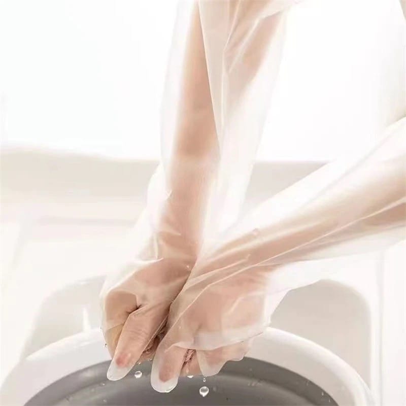 A Person is Wearing Disposable Anti- Slip Wear Long Sleeve Glove.