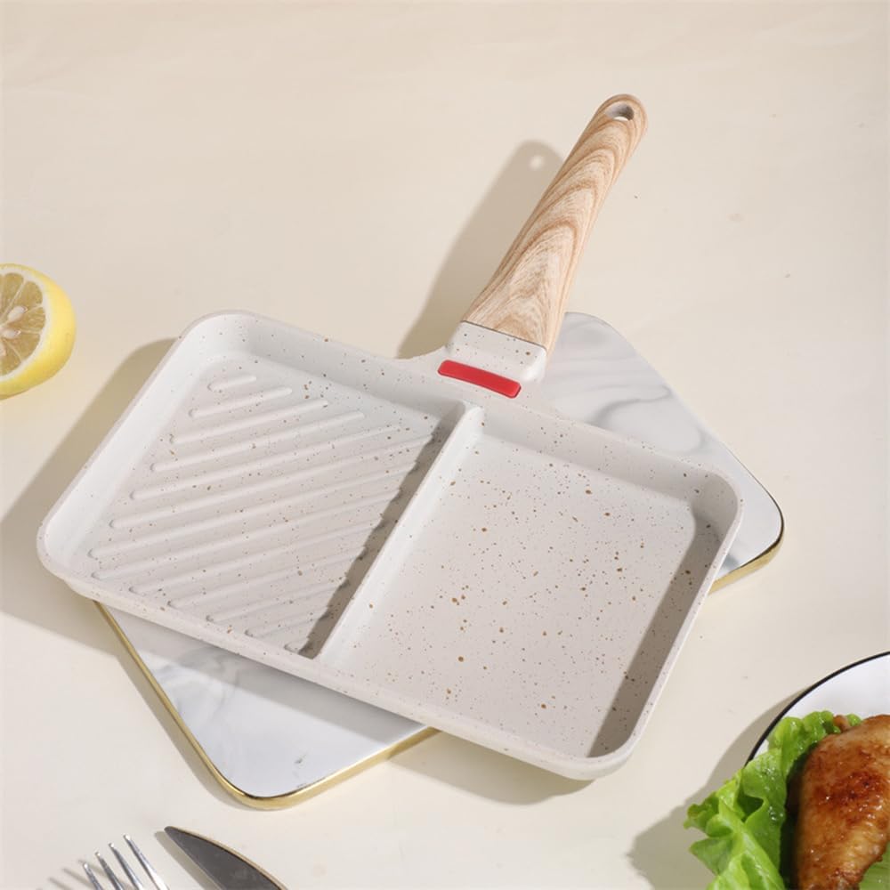 Double-Hole Frying Pan with wooden handle on a light beige background