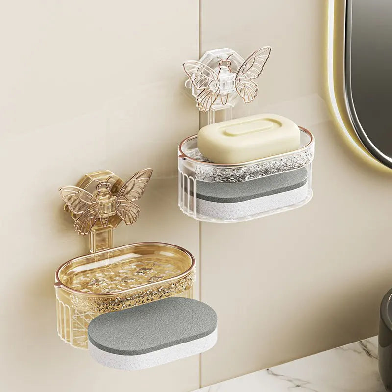 Double-Layer Butterfly Suction Cup Soap Box with Drainage placed on the wall