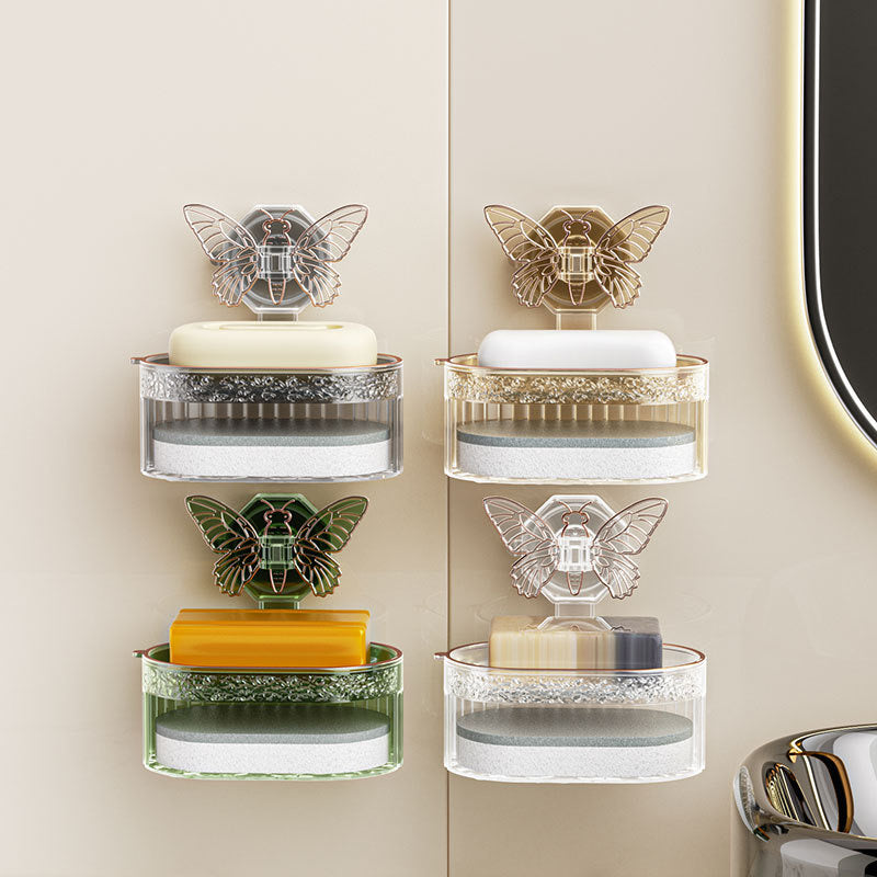 Multiple color Double-Layer Butterfly Suction Cup Soap Box with Drainage placed on the wall