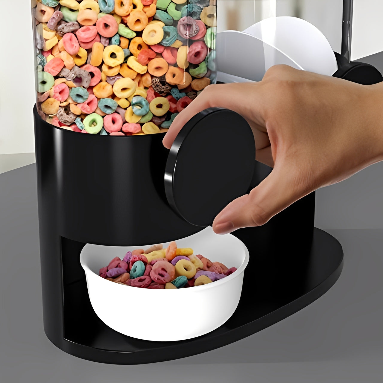 Double Dry Food Cereal Dispenser Container filling a bowl with colorful cereal loops.