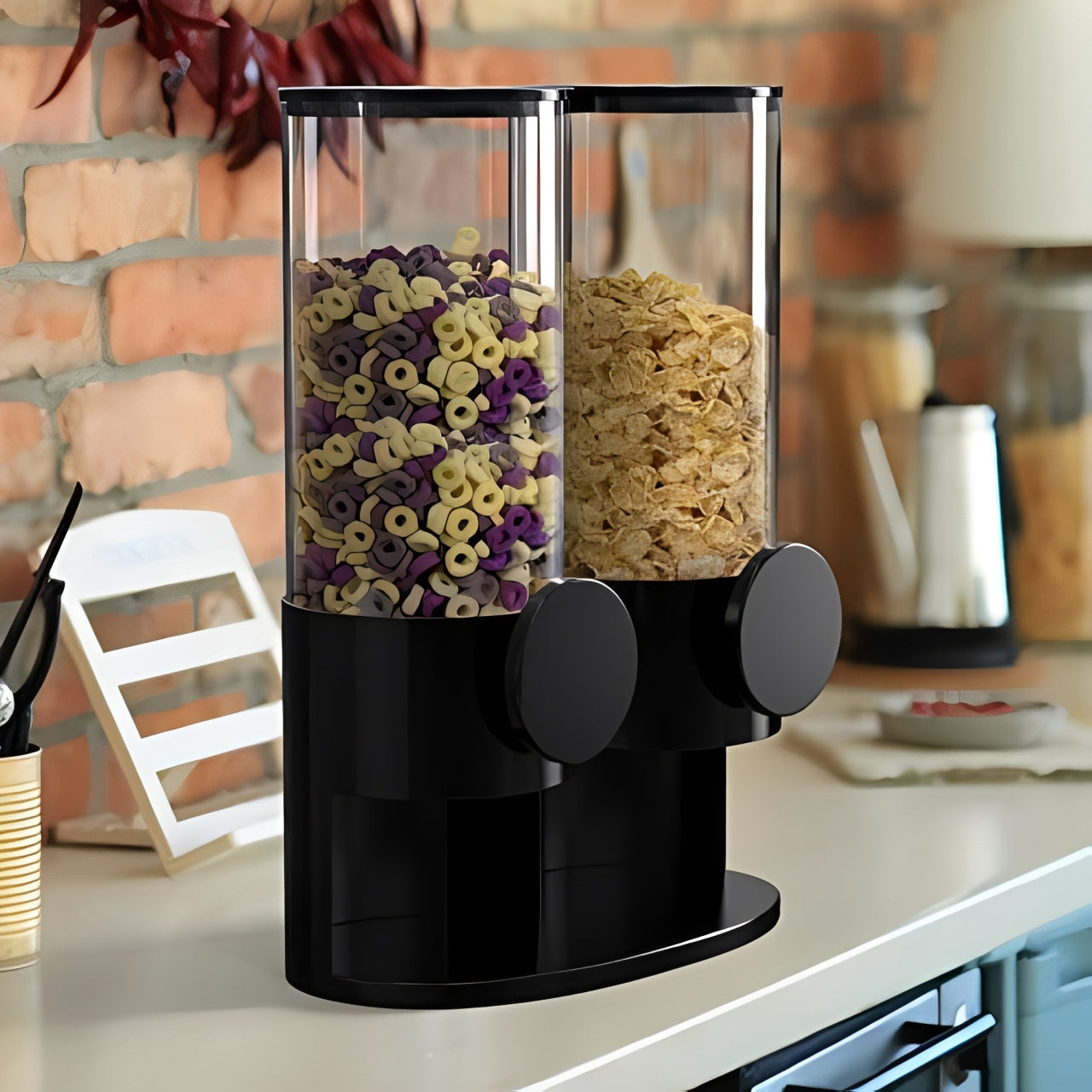 Black dual-cup cereal dispenser with colorful cereal on a kitchen counter.
