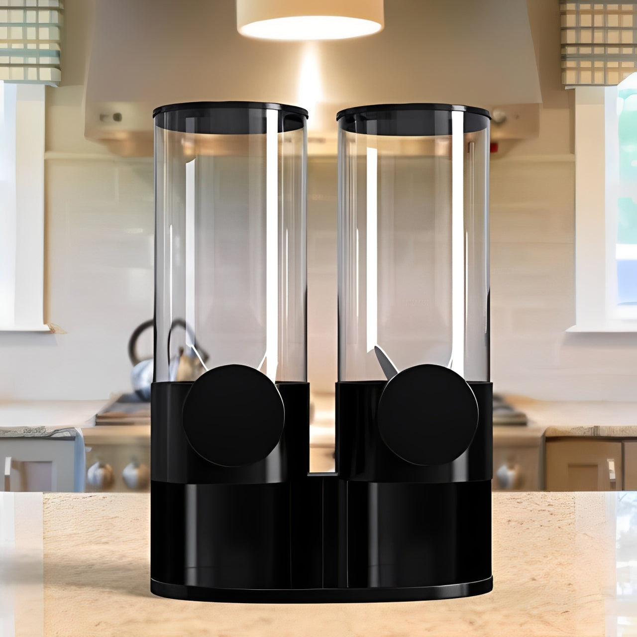 Double Dry Food Cereal Dispenser Container on a countertop with a blurred kitchen background