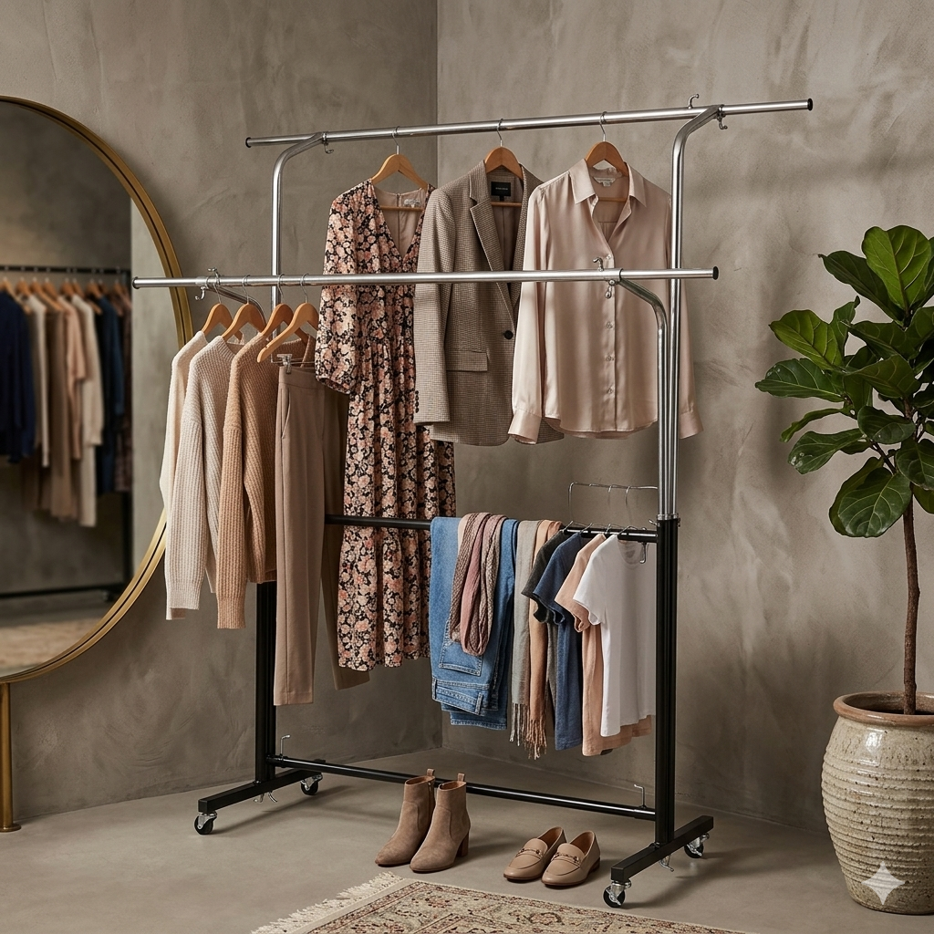Double Rod Adjustable Garment Rack, Heavy Duty Rolling Clothes Hanging Stand
