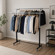 Double Rod Adjustable Garment Rack, Heavy Duty Rolling Clothes Hanging Stand