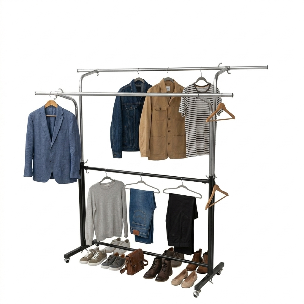 Double Rod Adjustable Garment Rack, Heavy Duty Rolling Clothes Hanging Stand