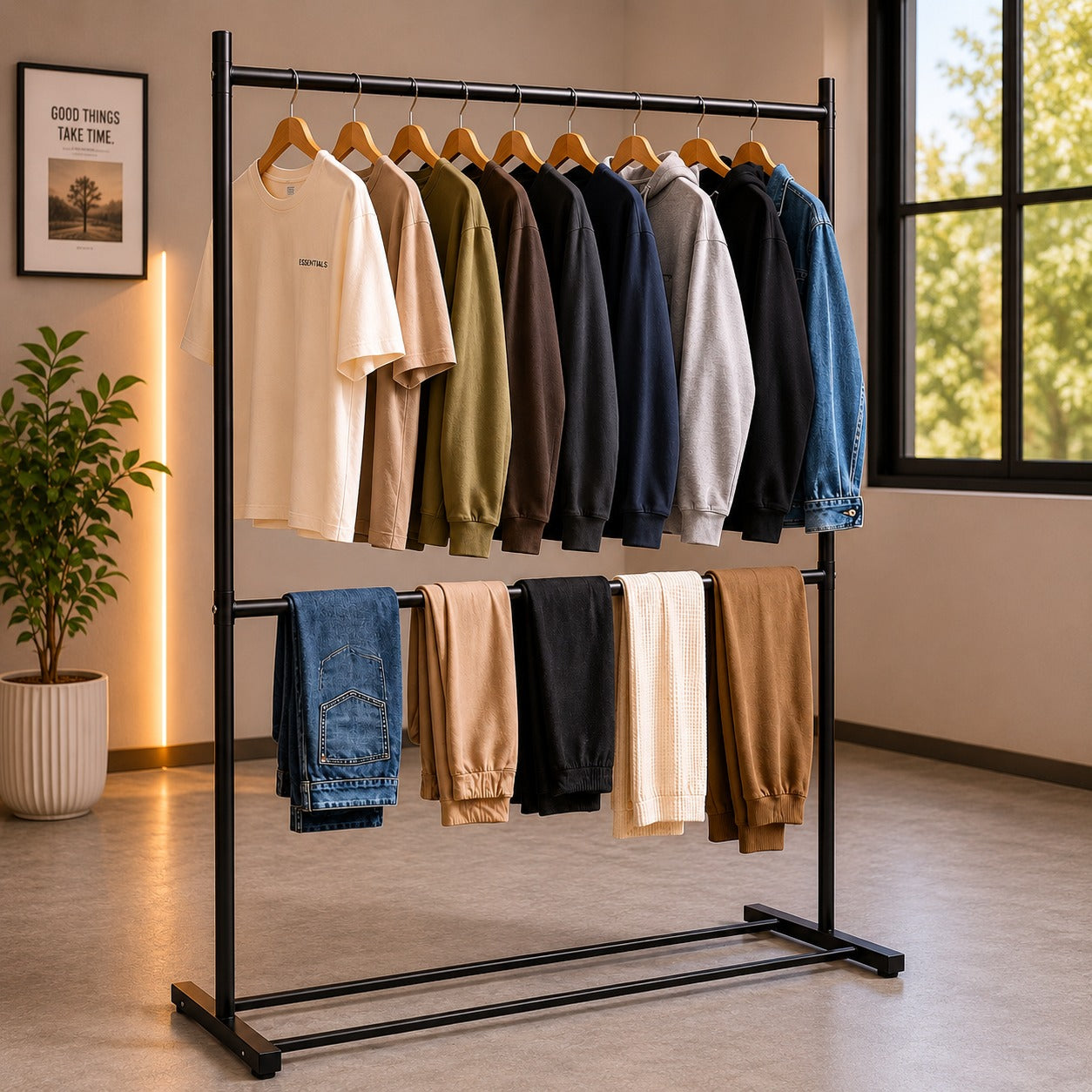 Double Rod Garment Drying Rack with shirts and pants in a room with a plant and window.