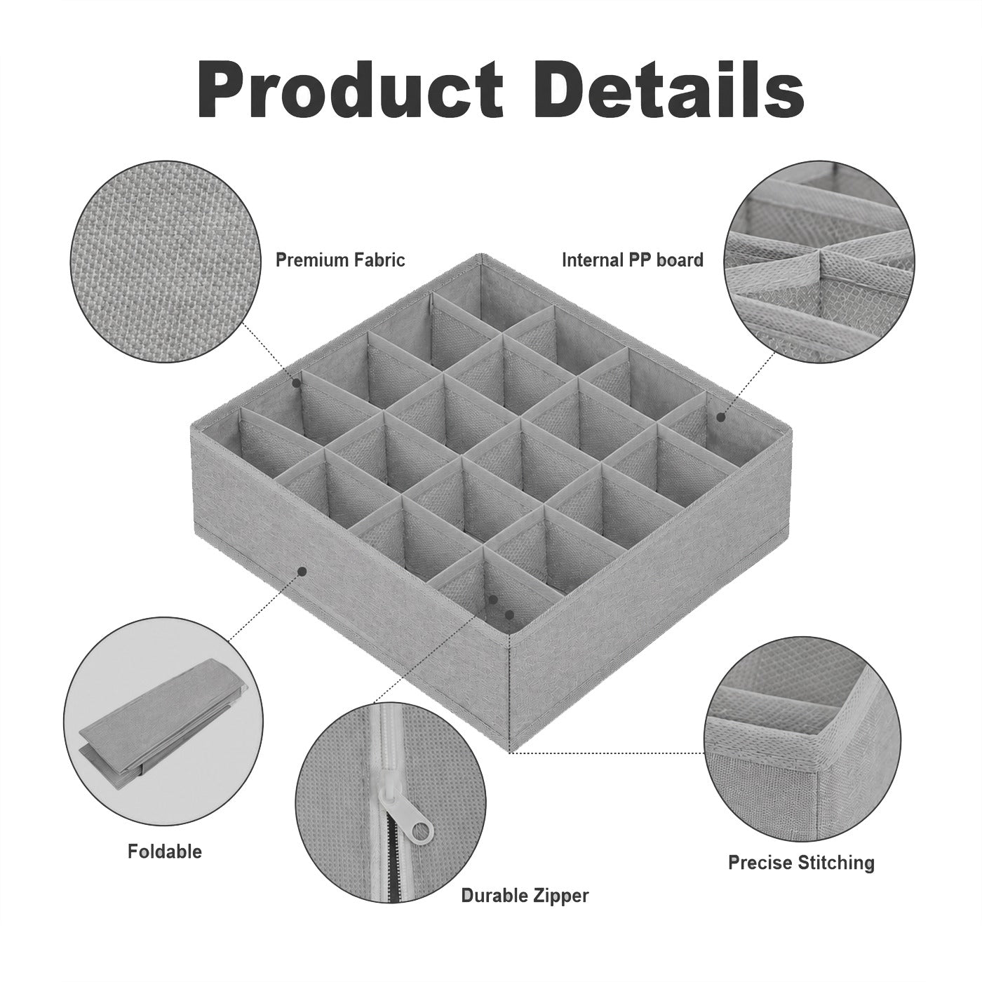 Gray storage organizer with features highlighted on a white background