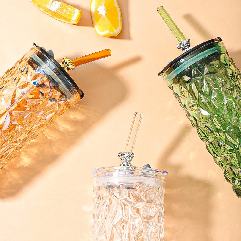 Drinking Glass Tumbler With Straw and Lid in 3 Colors.