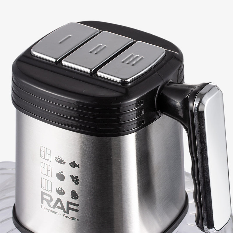 RAF 3L Electric Food Processor with black lid and handle, featuring RAF branding.