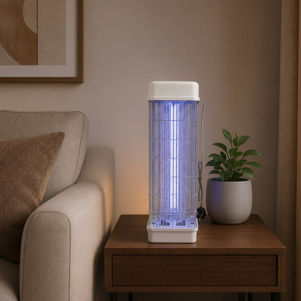 360° Electric Insect Killer Lamp on a wooden side table with a couch and plant in the background