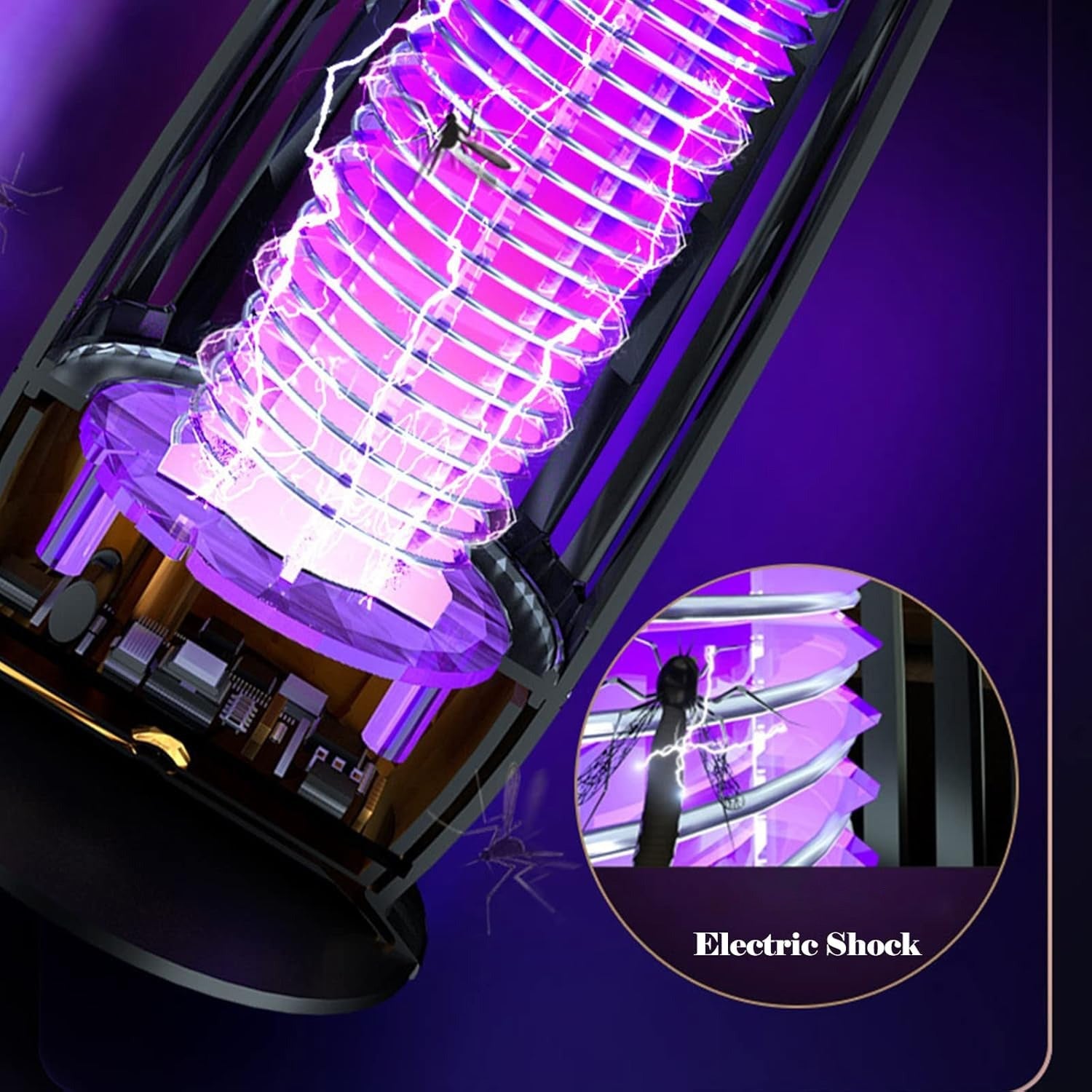 Close-up of Electric Shock Mosquito Killer Lamp and a circular inset labeled 'Electric Shock' on a dark background.