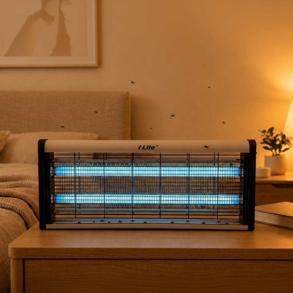 Electric  Mosquito Zapper on a table with a couch and lamp in the background