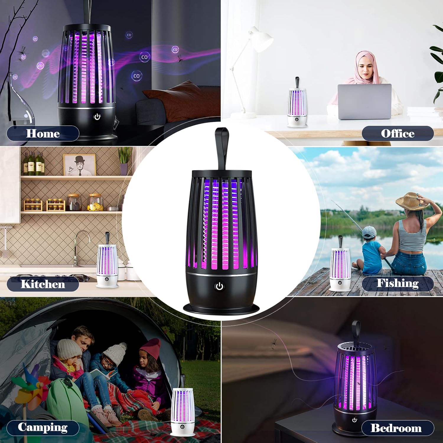 Multifunctional Electric Shock Mosquito Killer Lamp used in various settings including home, office, kitchen, fishing, camping, and bedroom.