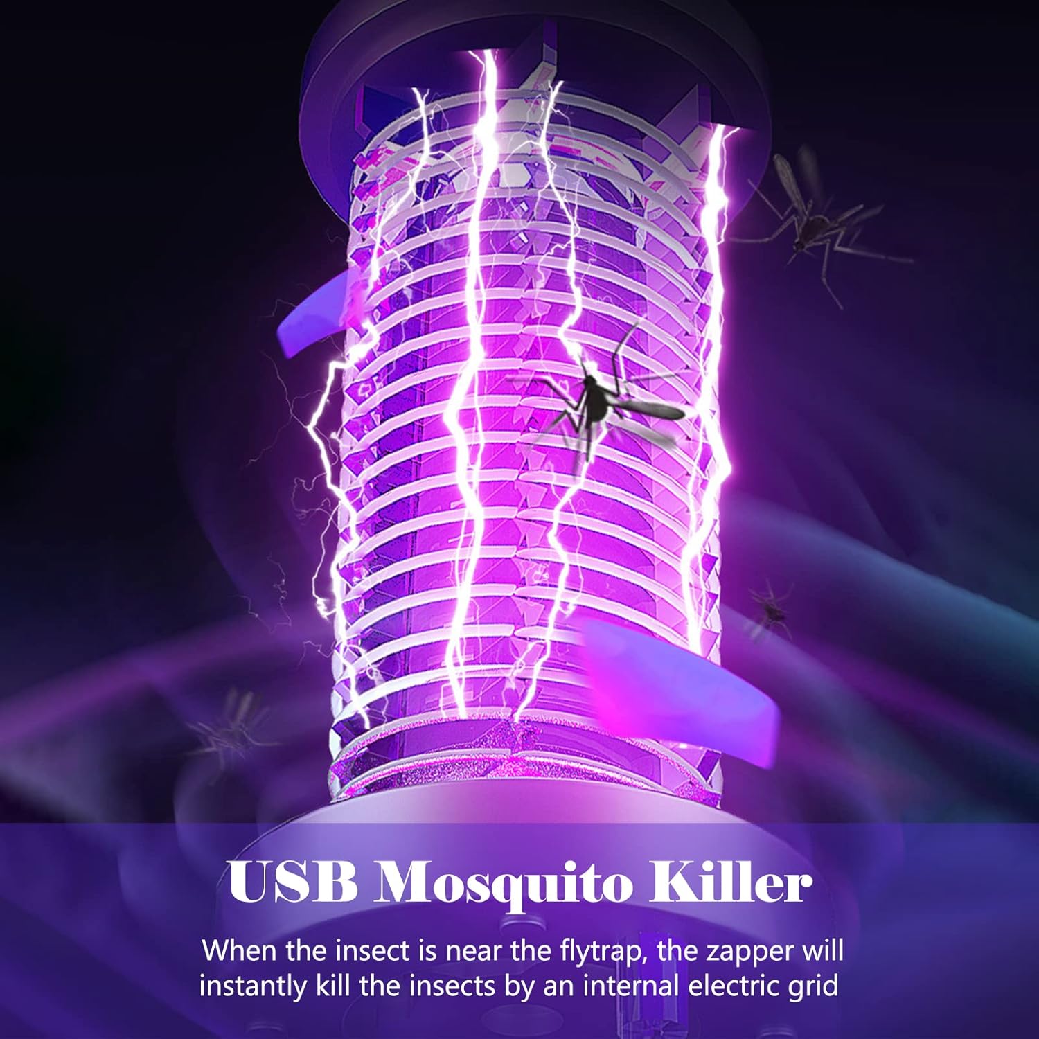 Electric Shock Mosquito Killer Lamp with glowing purple electric grid and text description.