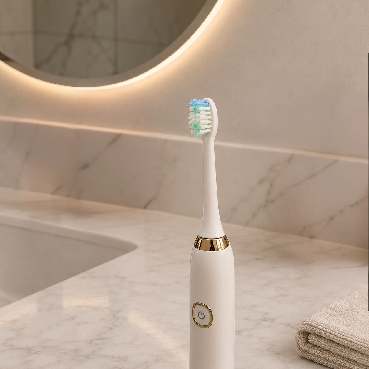 White electric toothbrush with gold accent on a marble countertop