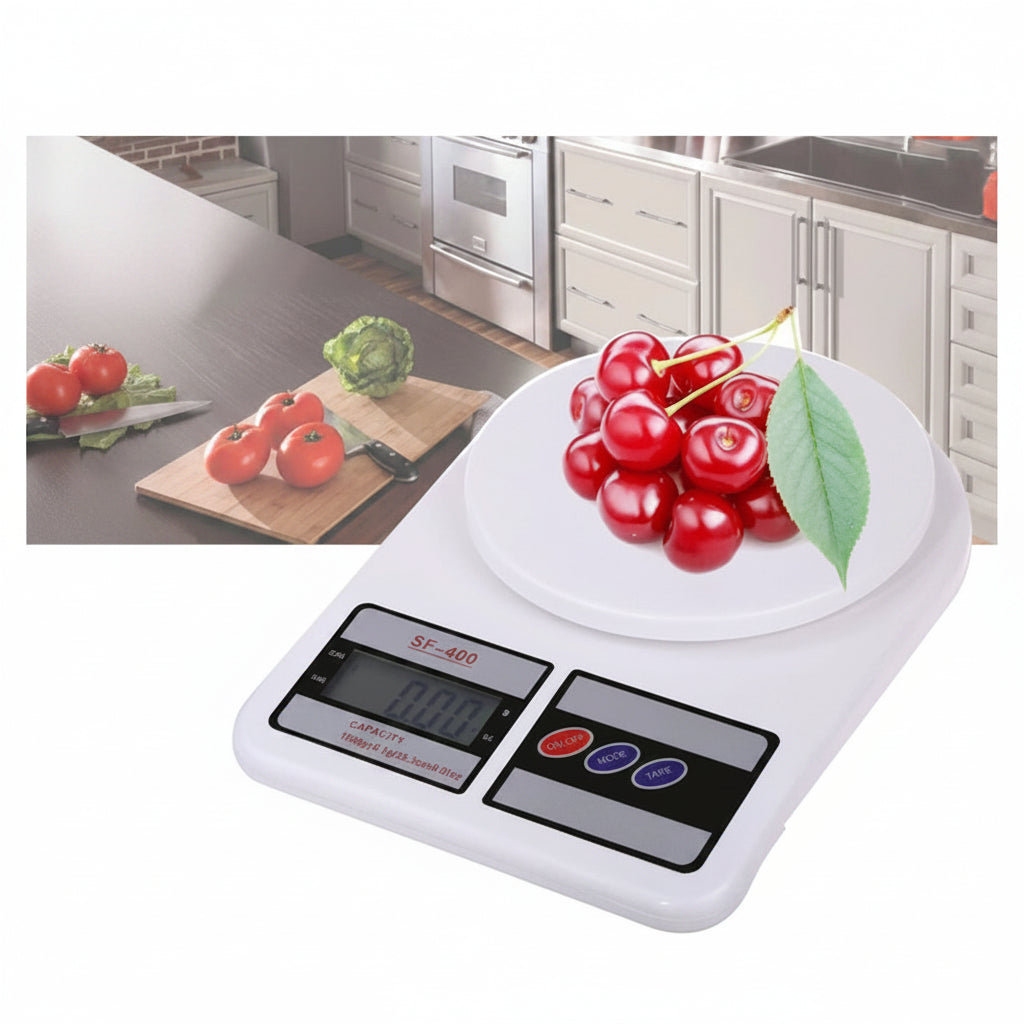 A digital kitchen scale with fresh cherries, displayed on a clean white background.