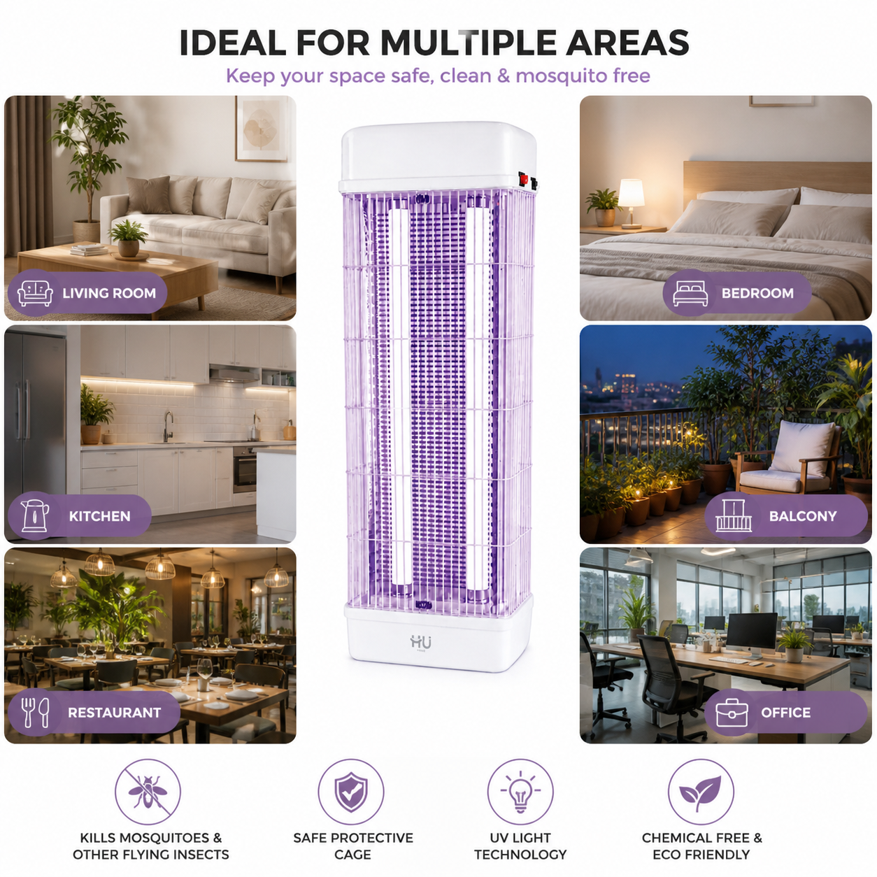 Mosquito zapper with usage scenarios in living room, bedroom, kitchen, balcony, restaurant, and office.