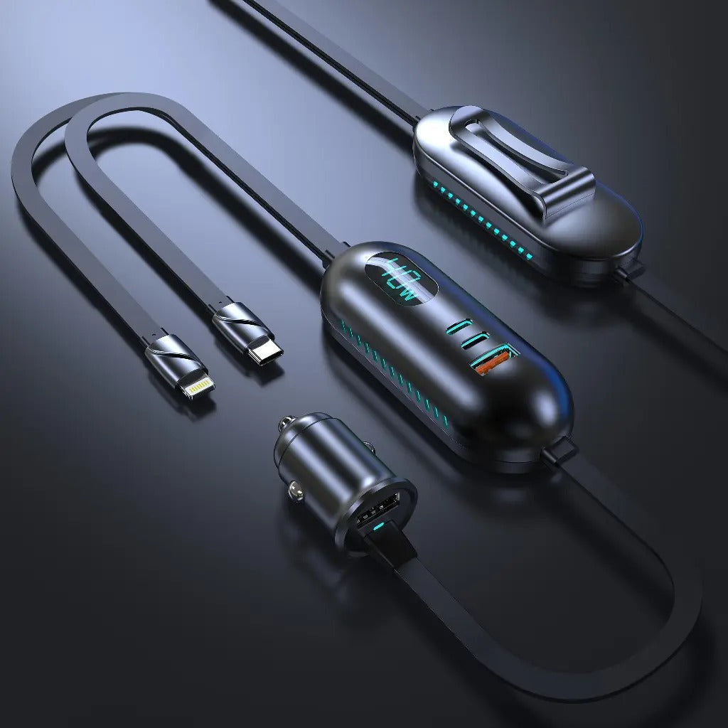 Levelo POLIX 84W Fast Car Charger with multiple connectors on a dark background