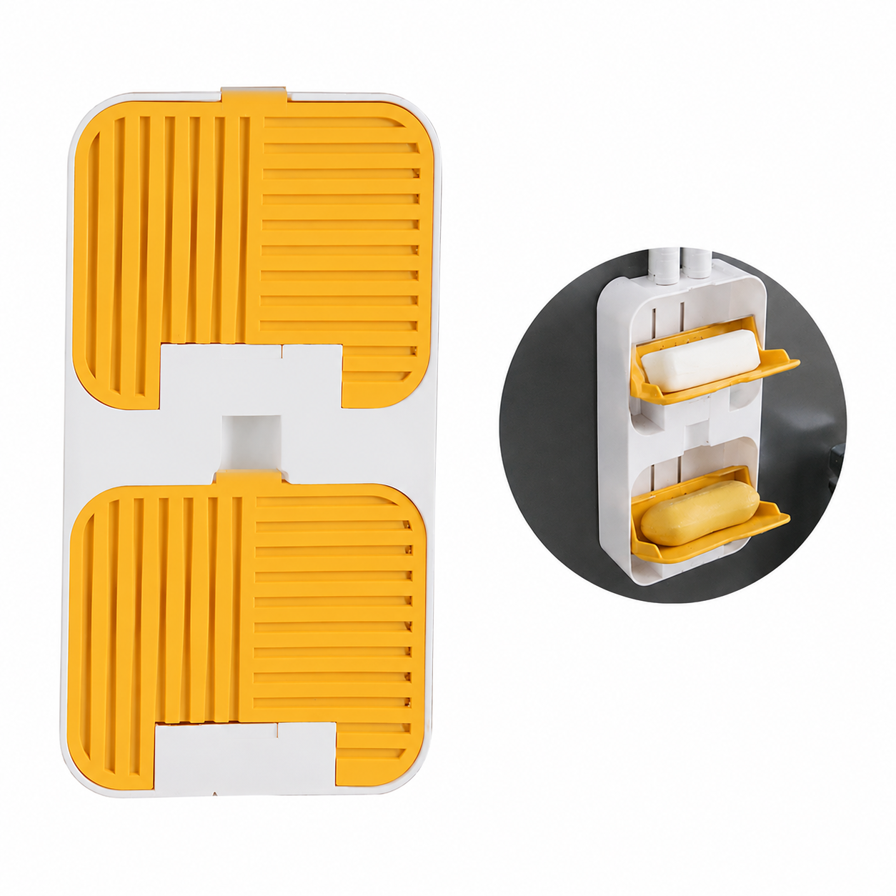 Flip Lid Drain Soap Box with a close-up inset on a white background