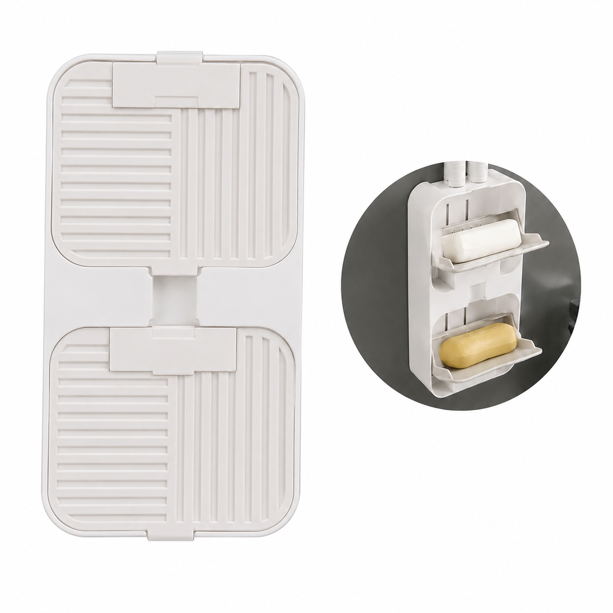 Flip Lid Drain Soap Box with a close-up inset on a white background