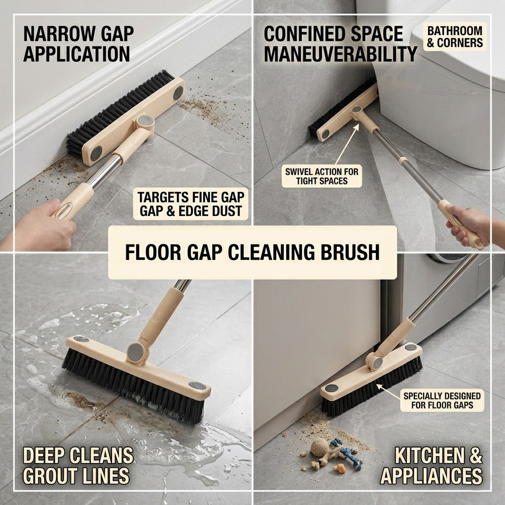 Floor gap cleaning brush with various uses on a gray floor.