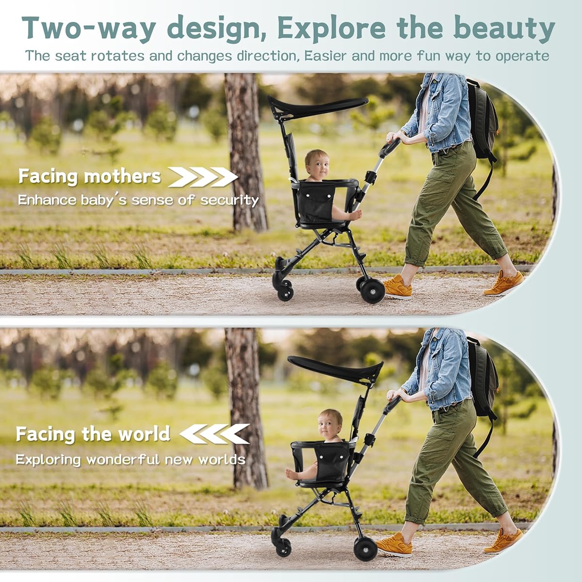 Stroller with two-way design for facing mothers and facing the world, with text explaining its features.