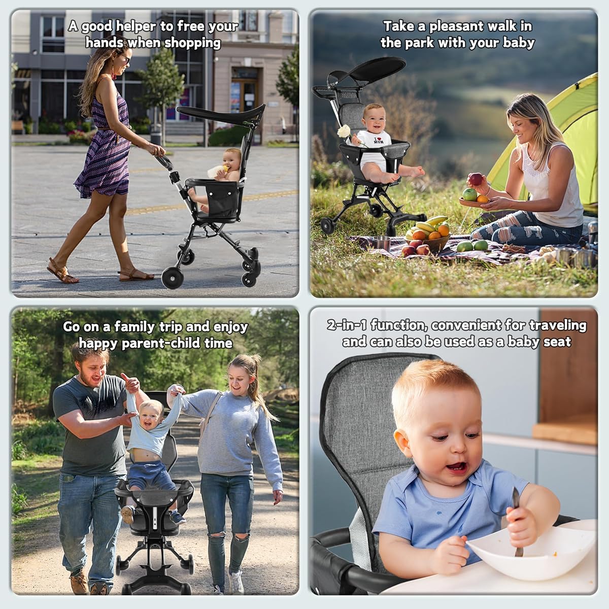 Collage of a baby stroller being used in various scenarios with text describing its functions.