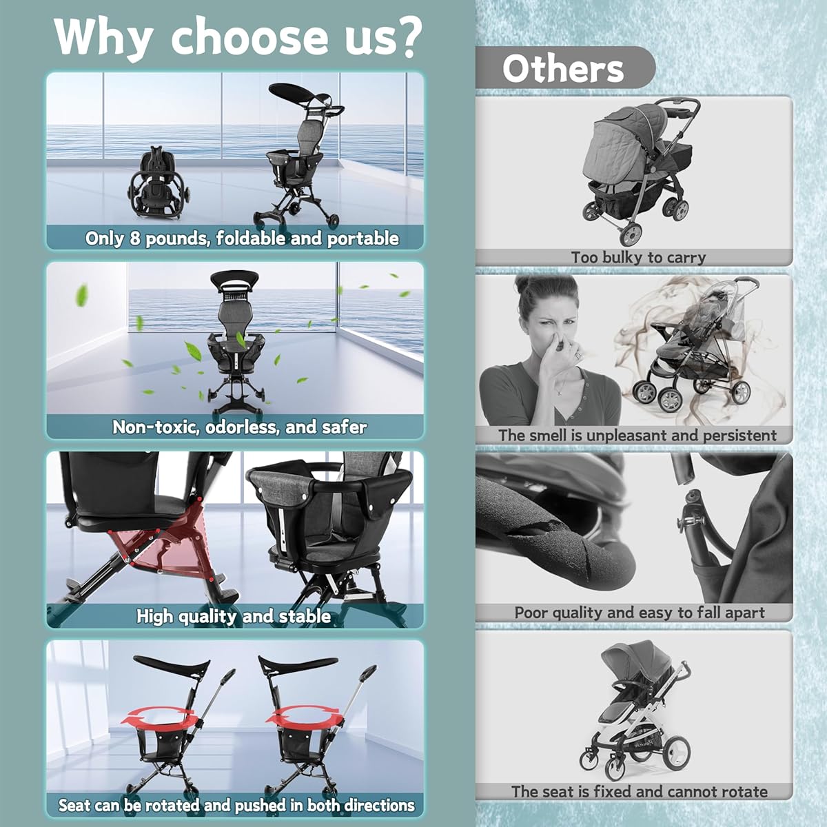 Comparison chart of a stroller with other options, highlighting features like portability, safety, and quality.