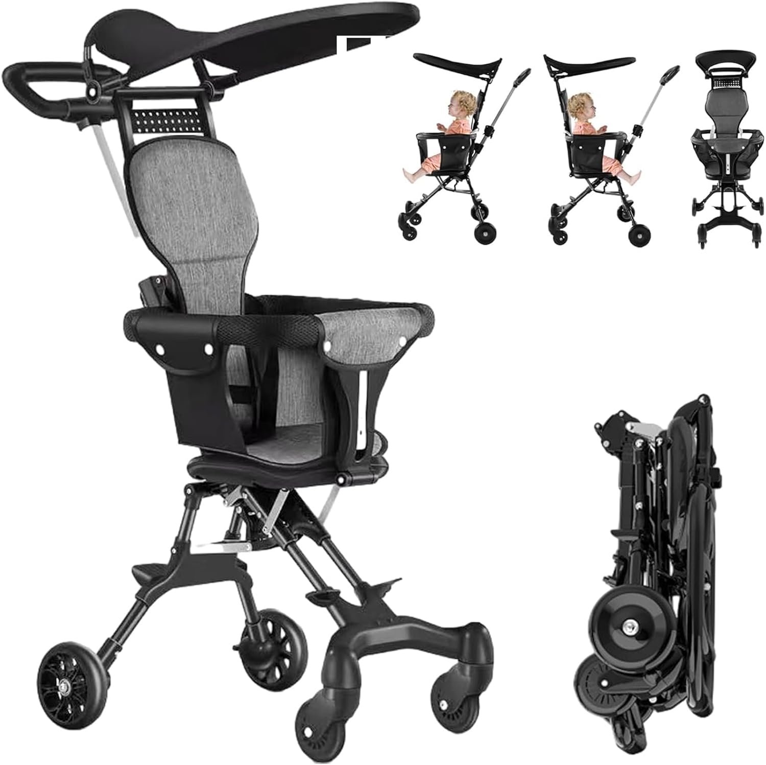 Foldable Baby Stroller with multiple views and a child seated in it.