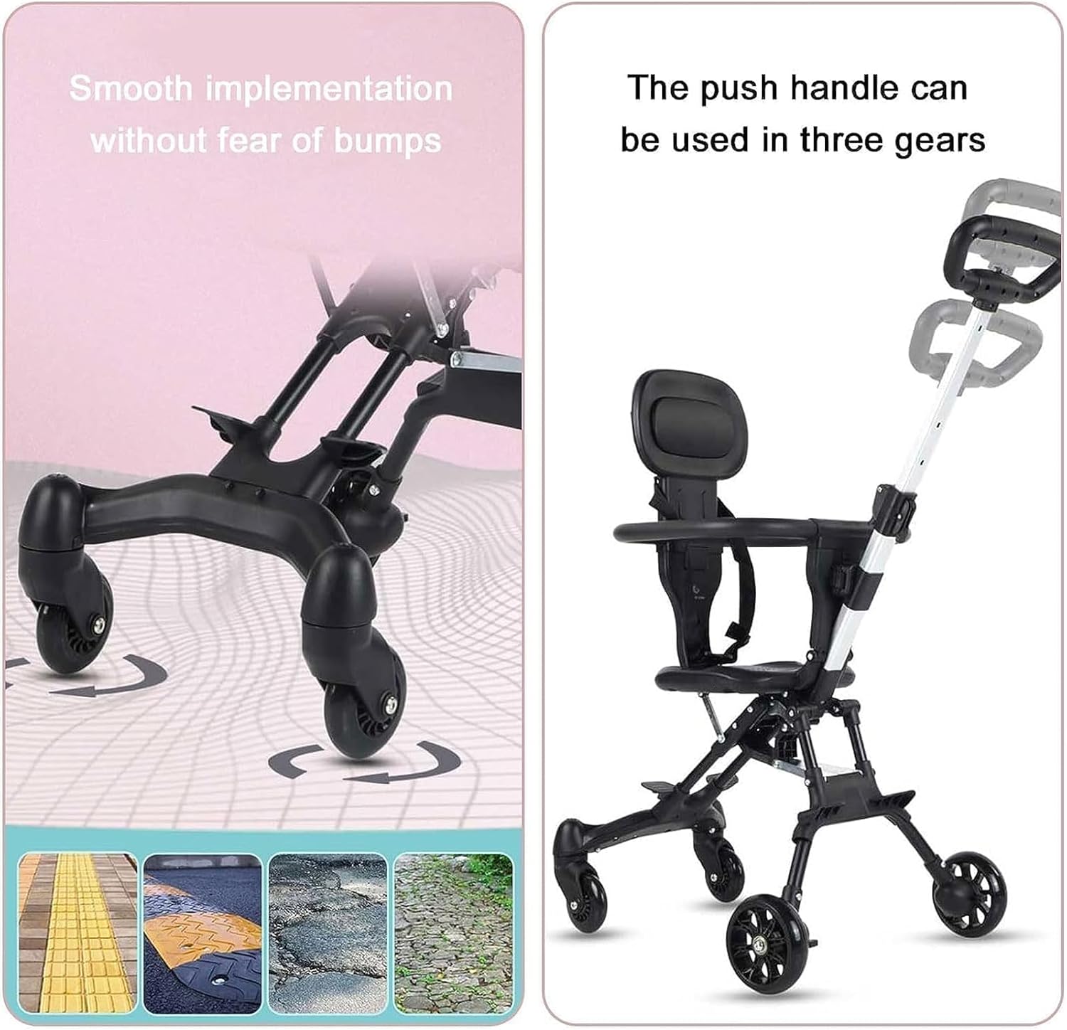 Child stroller with smooth implementation feature and adjustable push handle on a white background.